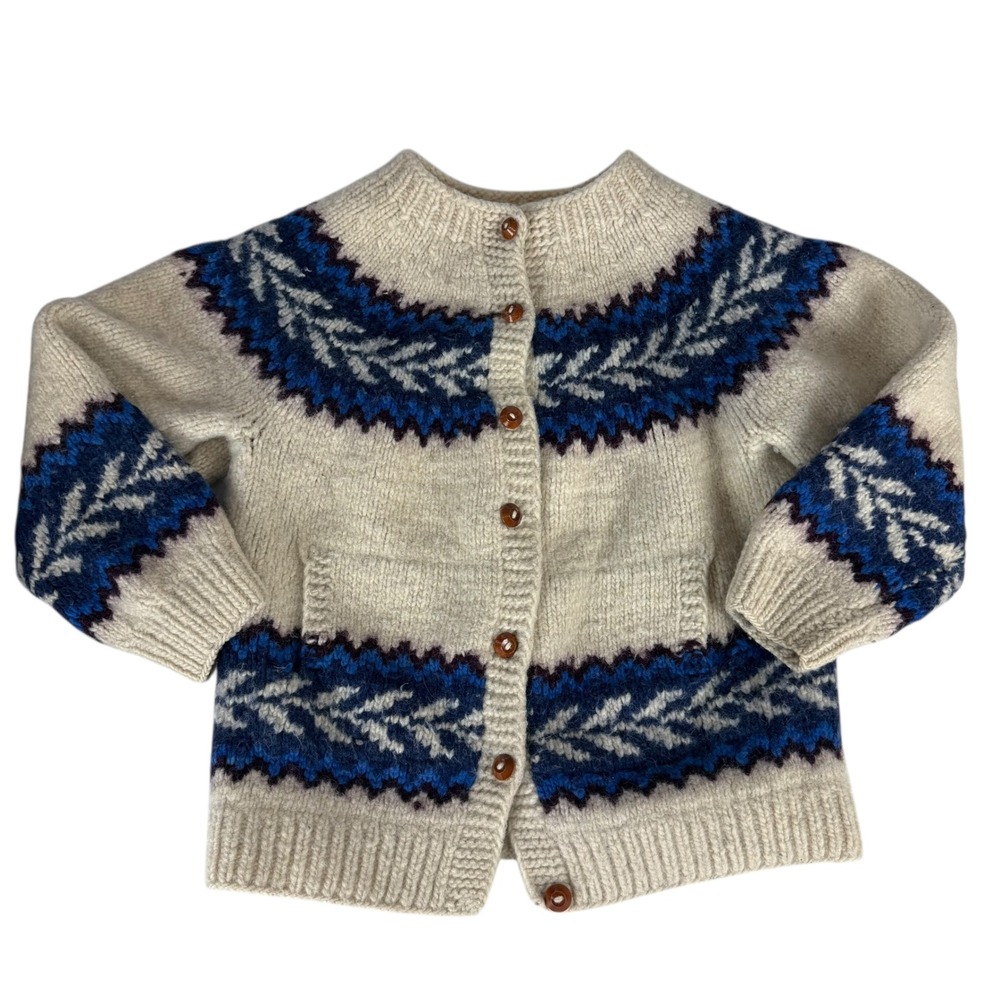 Ecuador Wool Cardigan Sweater Cream Blue Handknit Nordic Button Front Women L - Picture 7 of 7